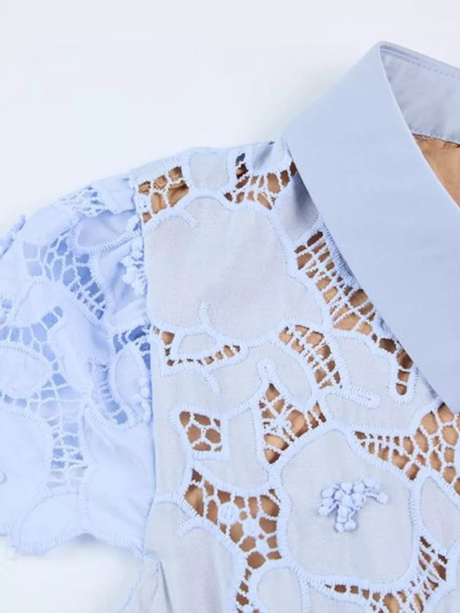 Sky blue lace midi dress with floral detail and collar.