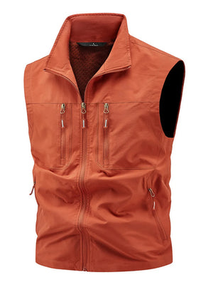 Orange men's outdoor vest with multiple zippered pockets and a stand-up collar.