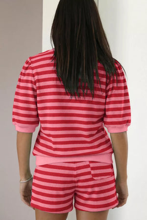 Puffed sleeve striped top and shorts set in strawberry pink.