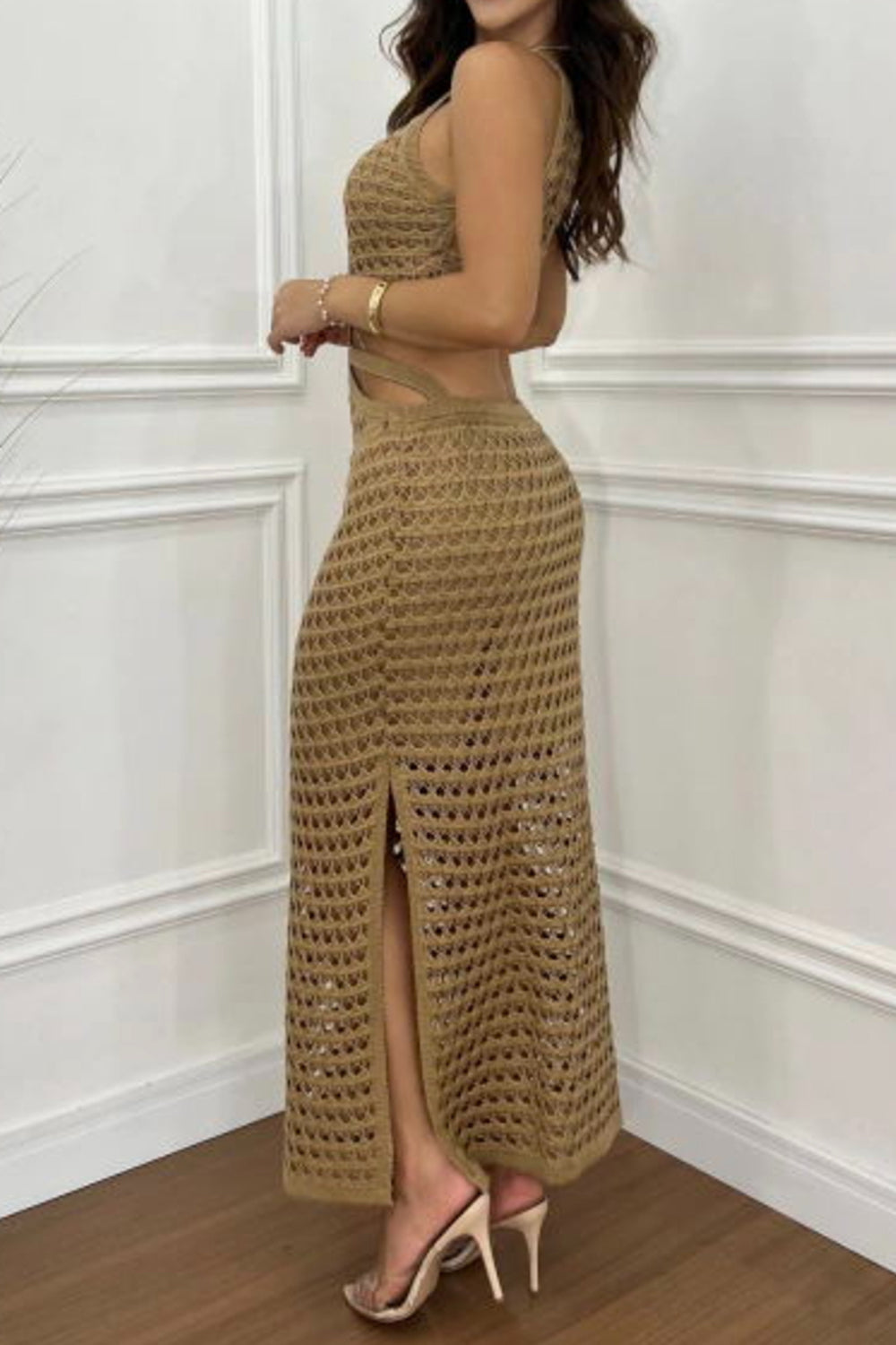 Taupe crochet maxi set with cutout details and high slits.