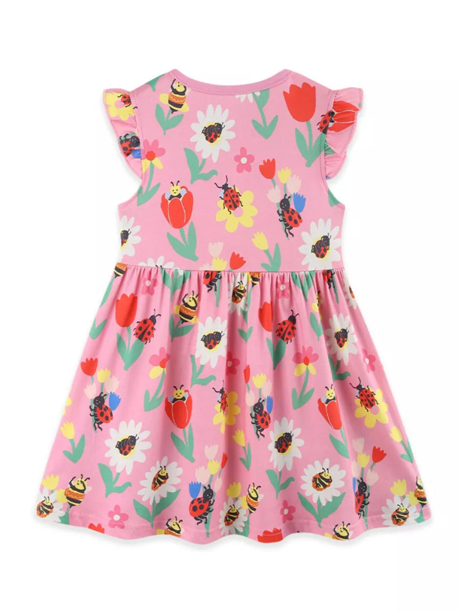 Toddler pink cotton dress with ruffle sleeves, floral and bug print.