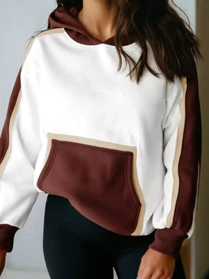 Hooded sweatshirt in dark brown and white with contrast trim and a large front pocket.