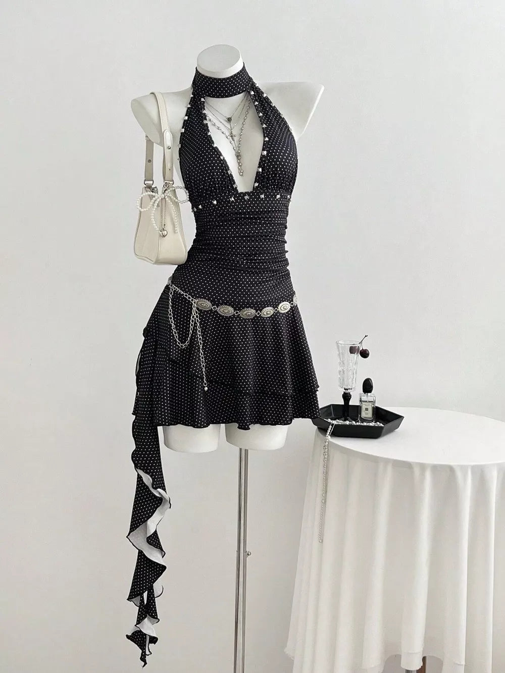 Polka Dot Cutout Front Halter Mini Dress