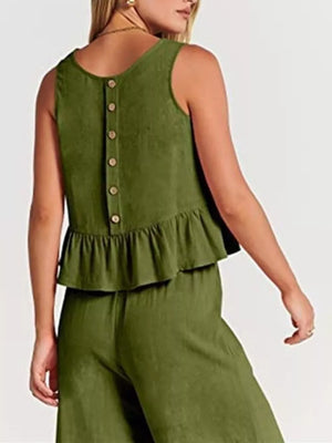 Khaki Ruffled Hem Sleeveless Top And Wide-leg Pants Set Plus Size