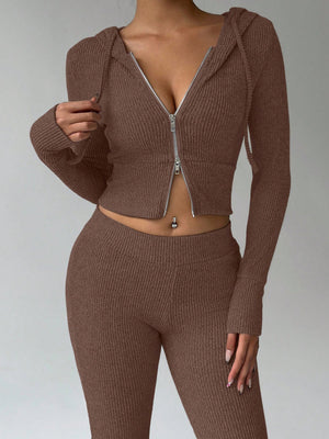 light grey fitted top, flared pants lounge set with hooded