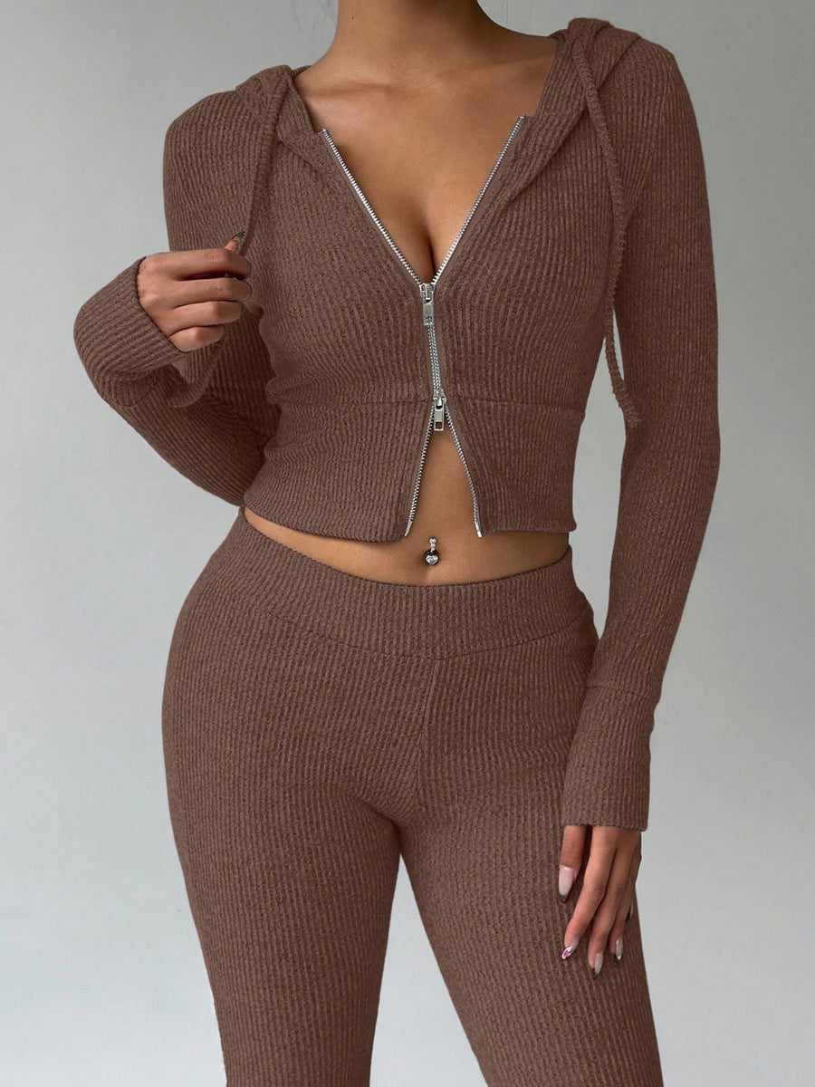 light grey fitted top, flared pants lounge set with hooded
