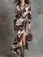 cream shirt dress with cow-print and collared