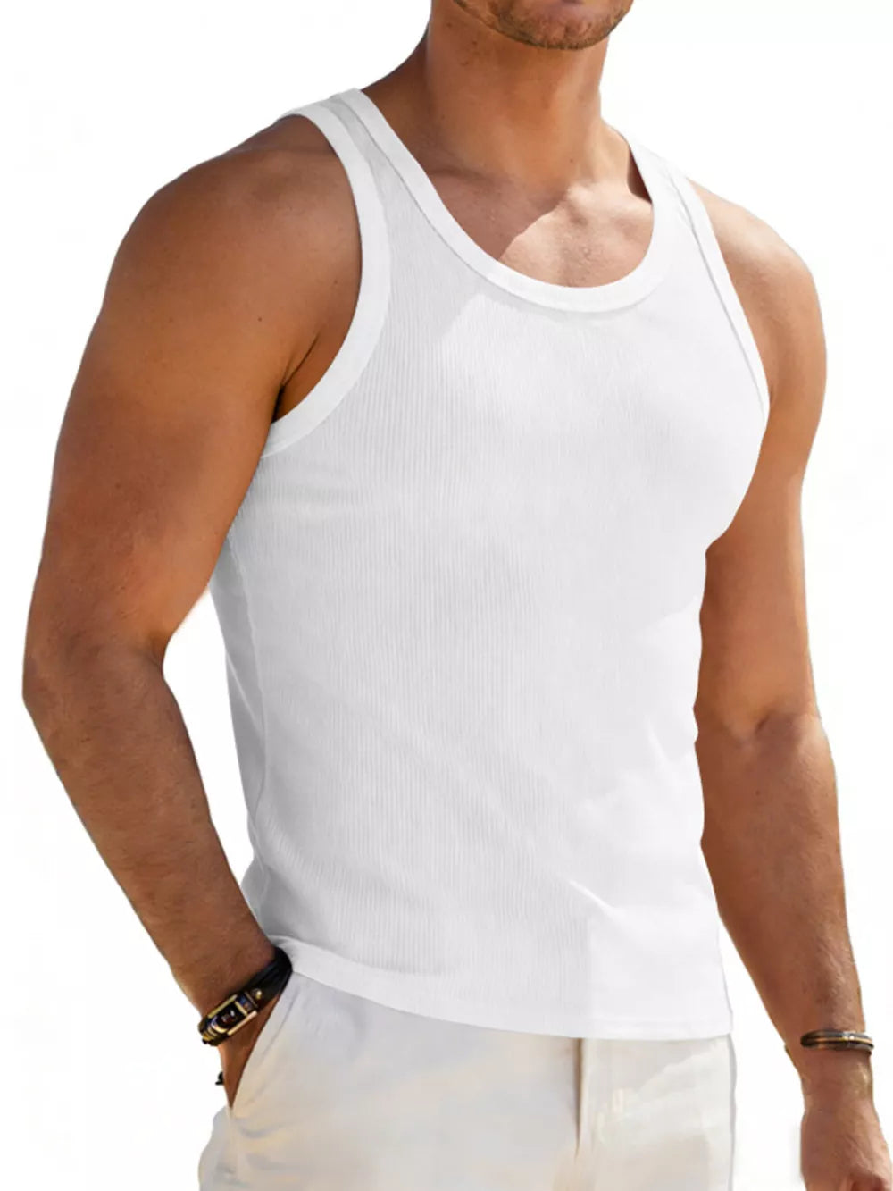 White Men's Full Size Round Neck Tank
