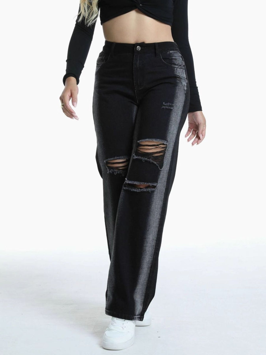 Black wide-leg jeans with full-length and button-front