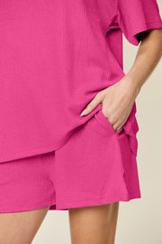 Waffle knit boxy tee and shorts set in hot pink with pockets.