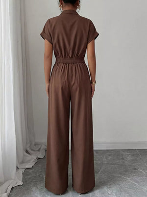 Brown short sleeve collared jumpsuit with elastic waist and wide leg pants