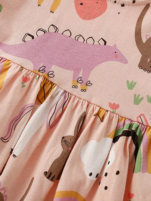 Pink cotton toddler dress with dinosaurs, rainbows, and bunnies print.