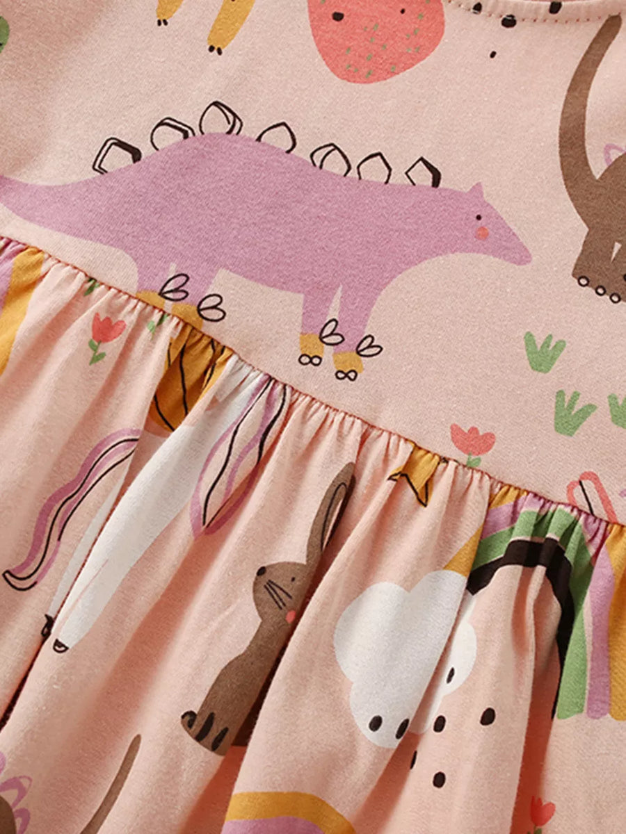 Pink cotton toddler dress with dinosaurs, rainbows, and bunnies print.
