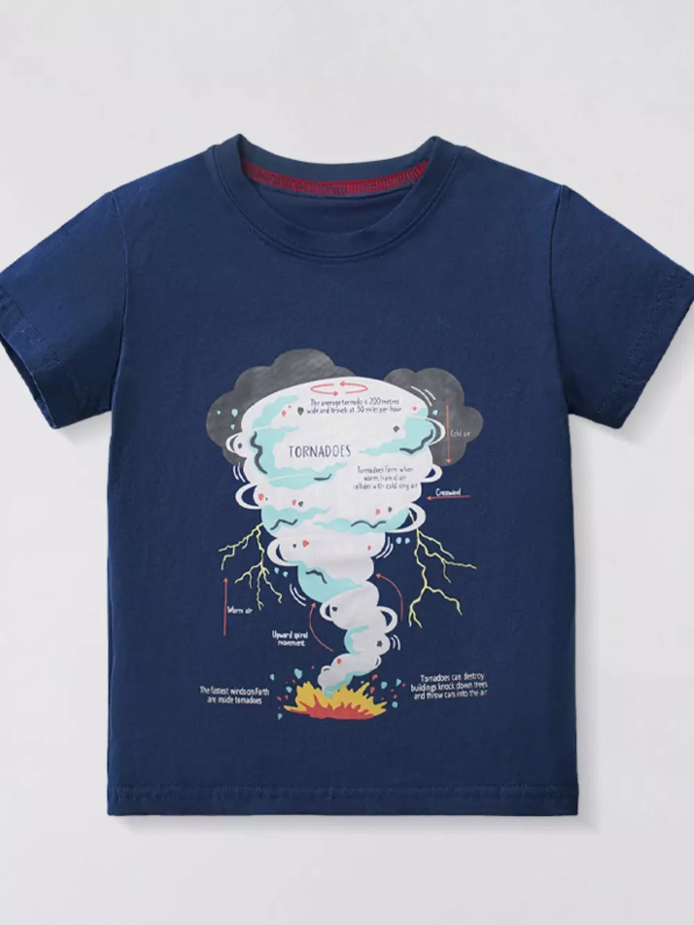 Navy blue t-shirt with a tornado graphic and educational text.