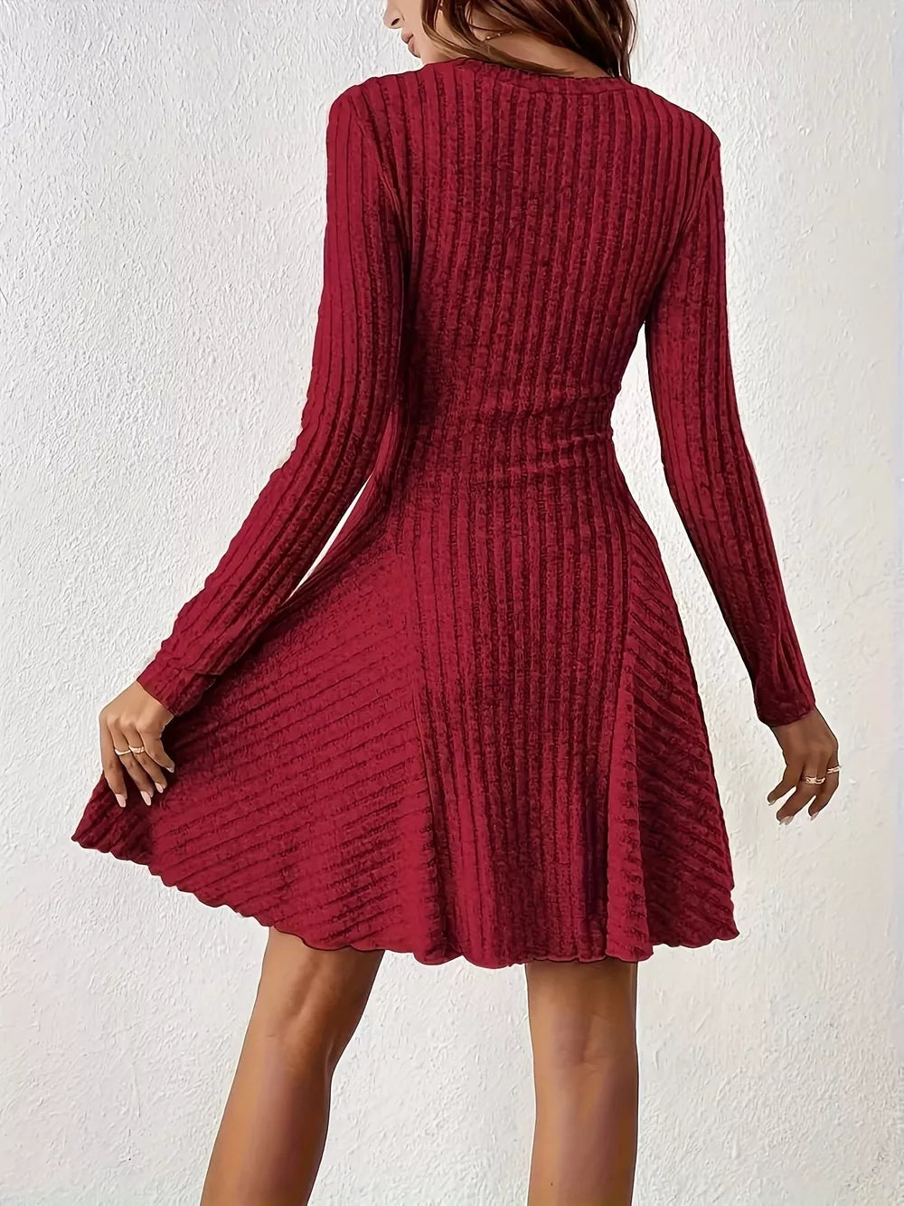 Rust fit-and-flare sweater dress with v-neck