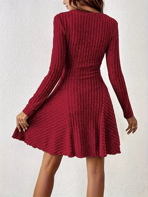 Rust fit-and-flare sweater dress with v-neck