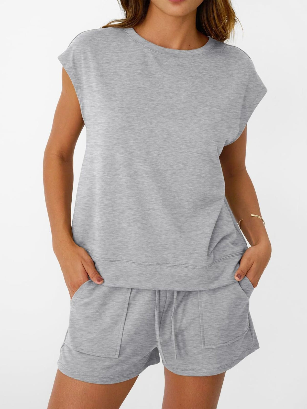 Light Gray round neck cap sleeve loungewear set with drawstring shorts.