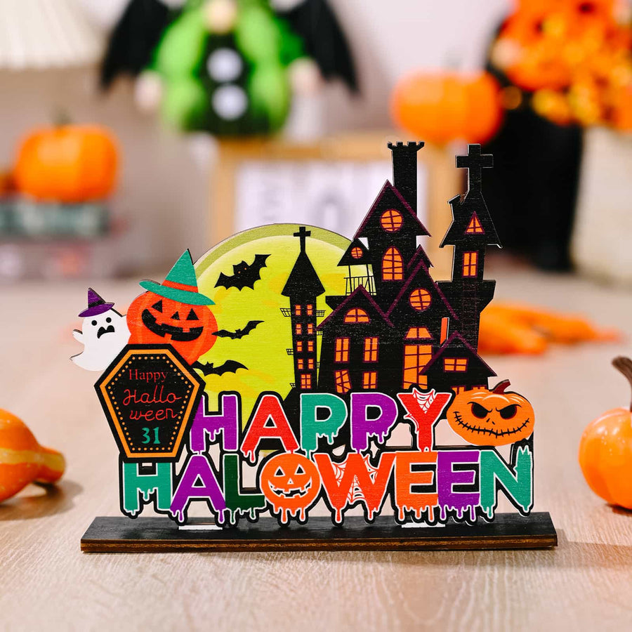 Spooky Scene Halloween Tabletop Duo with haunted house, ghost, pumpkin, bats, and Happy Halloween text.