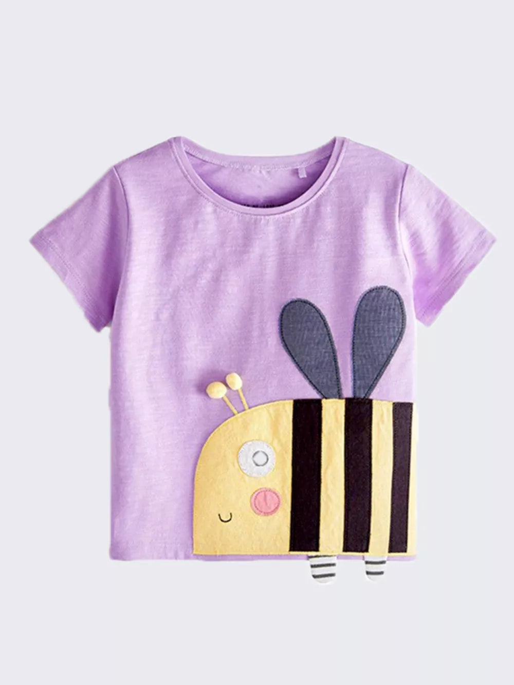 Lavender cotton t-shirt with a yellow and black bee applique on the front.