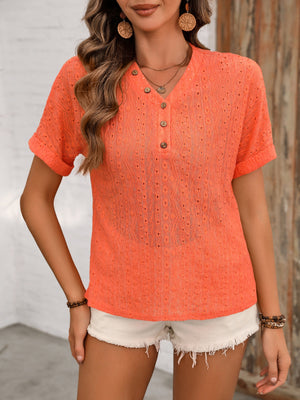 Vonili Eyelet Henley Relaxed Fit Top in Black