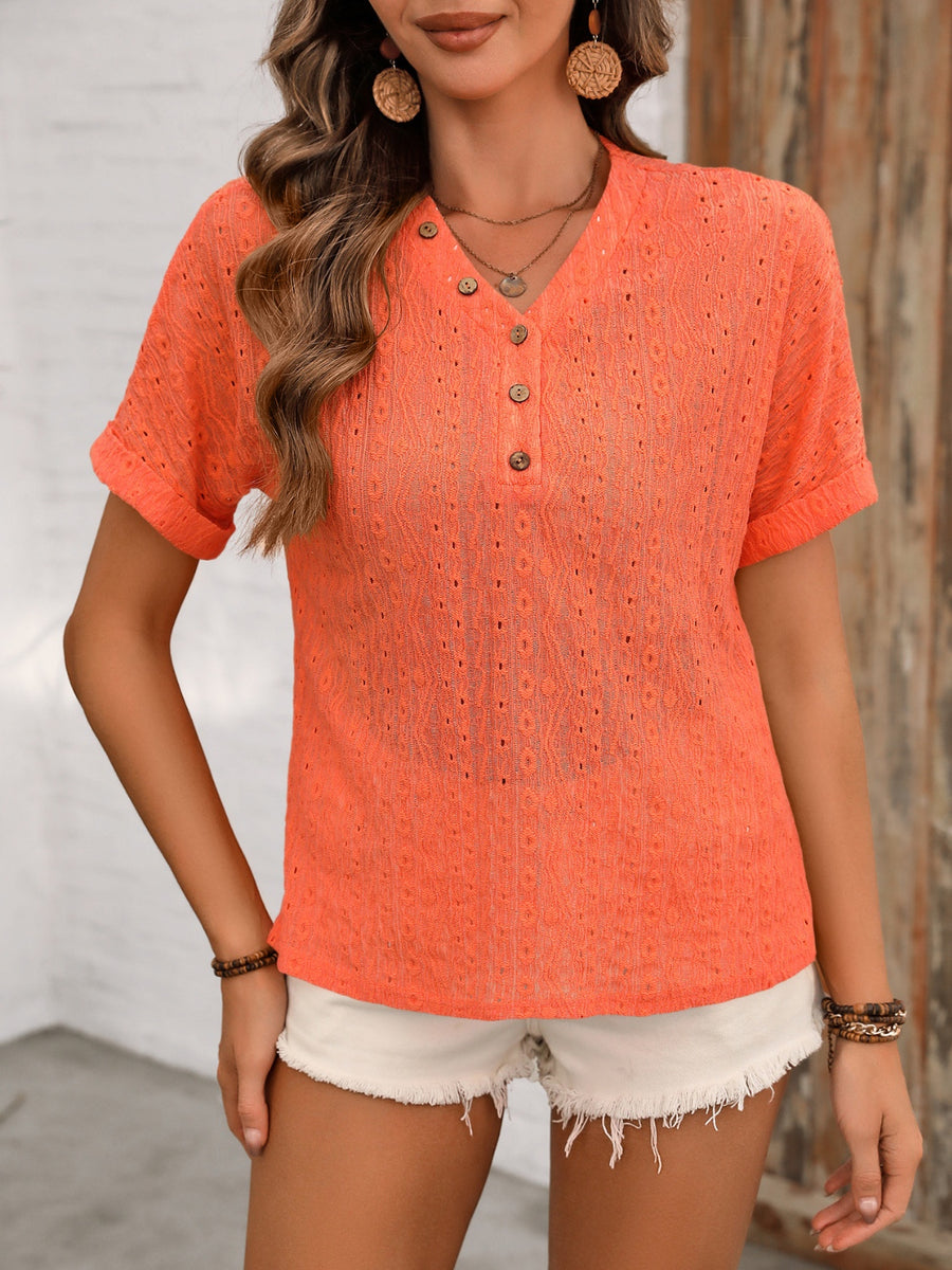 Vonili Eyelet Henley Relaxed Fit Top in Black