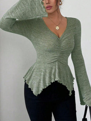 Ruched Flared Sleeves Peplum T-Shirt in Wheat Color with ruched