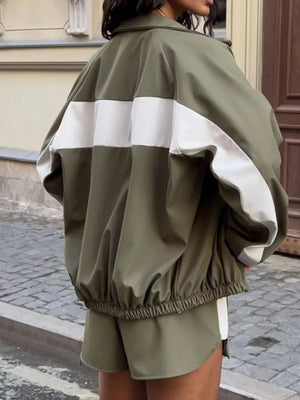 Color Block Zip Up Outerwear And Shorts Set in Green, view 12
