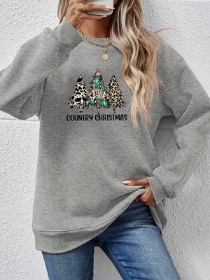 Grey sweatshirt with country Christmas trees graphic and leopard print detail
