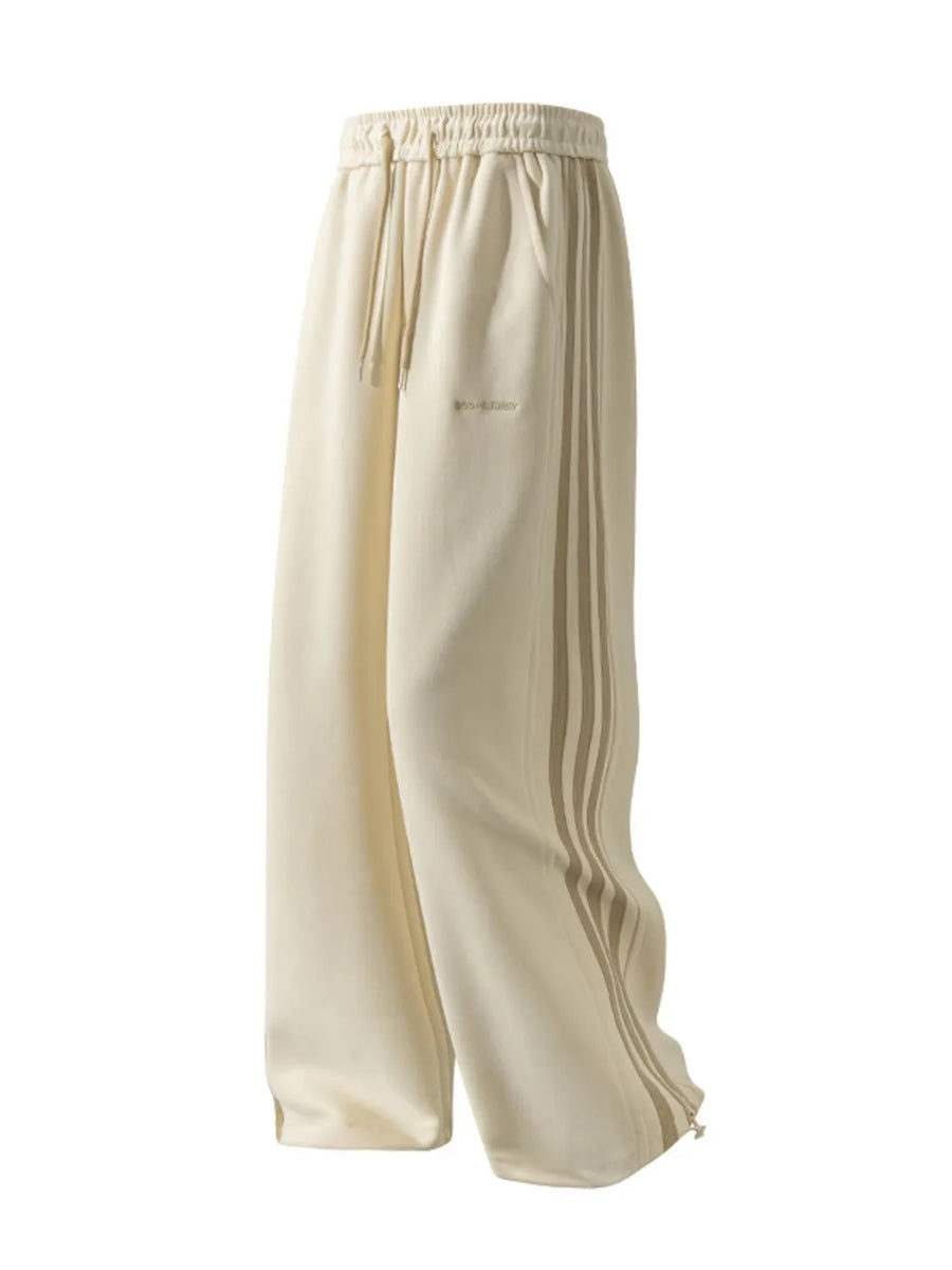 Men's khaki sweatpants with side stripes and drawstring waist