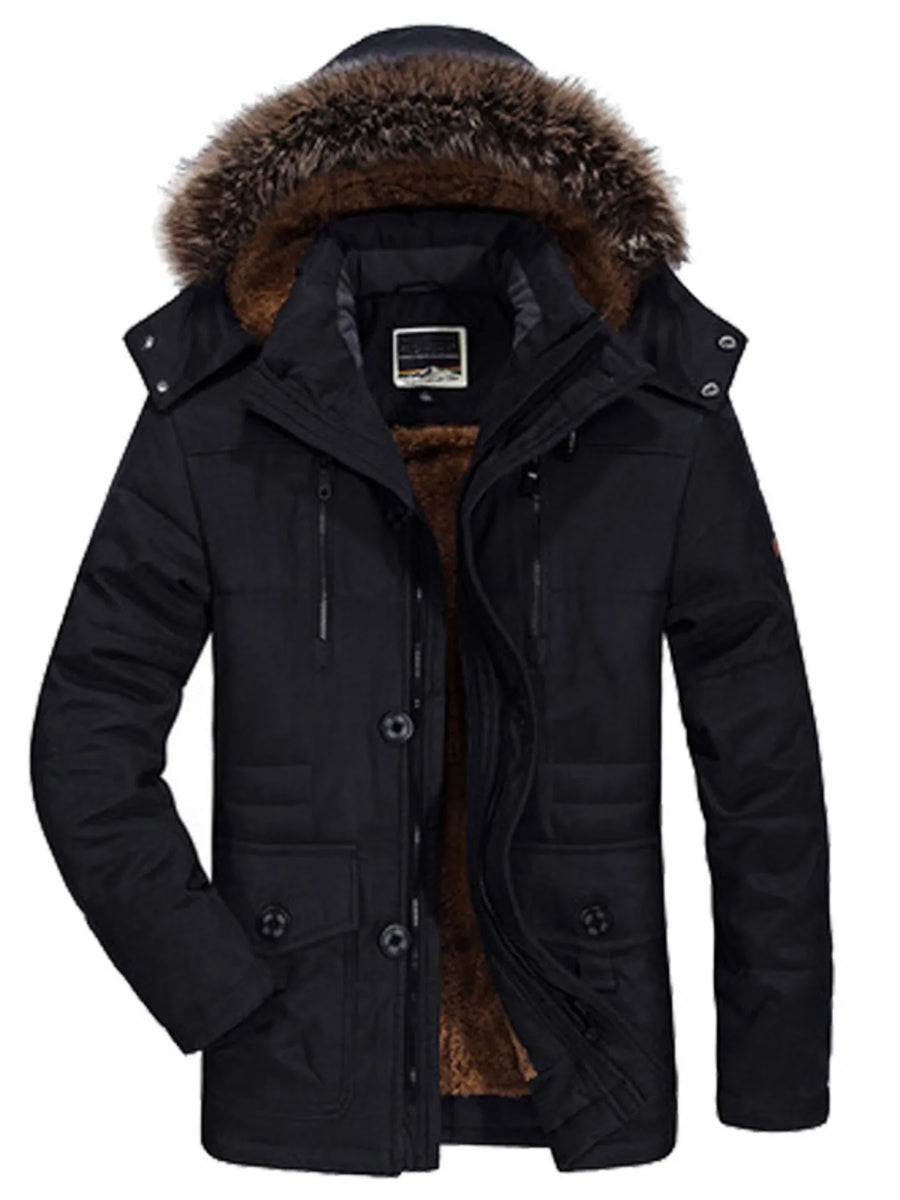 Black faux fur hooded parka with buttoned front and fur lining