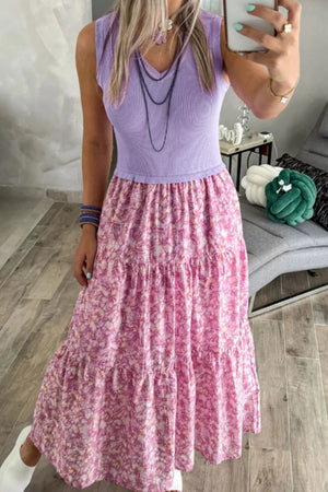 Floral tiered maxi dress with ribbed lilac bodice and v-neck