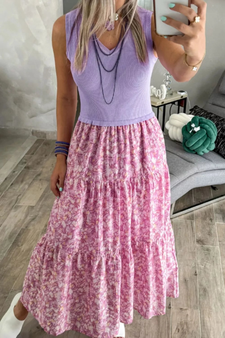 Floral tiered maxi dress with ribbed lilac bodice and v-neck