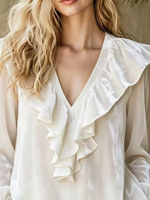 Full Size Ruffled V-neck Long Sleeve Blouse in Burgundy