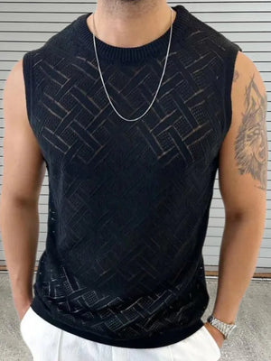 Black geometric knit sleeveless sweater with a crew neck.