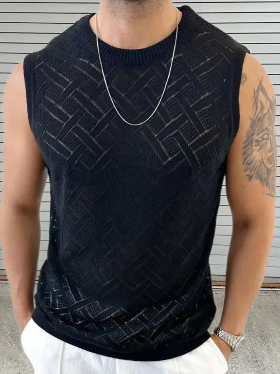 Black geometric knit sleeveless sweater with a crew neck.