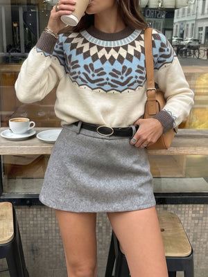 light blue pullover sweater featuring stretch and Fair Isle