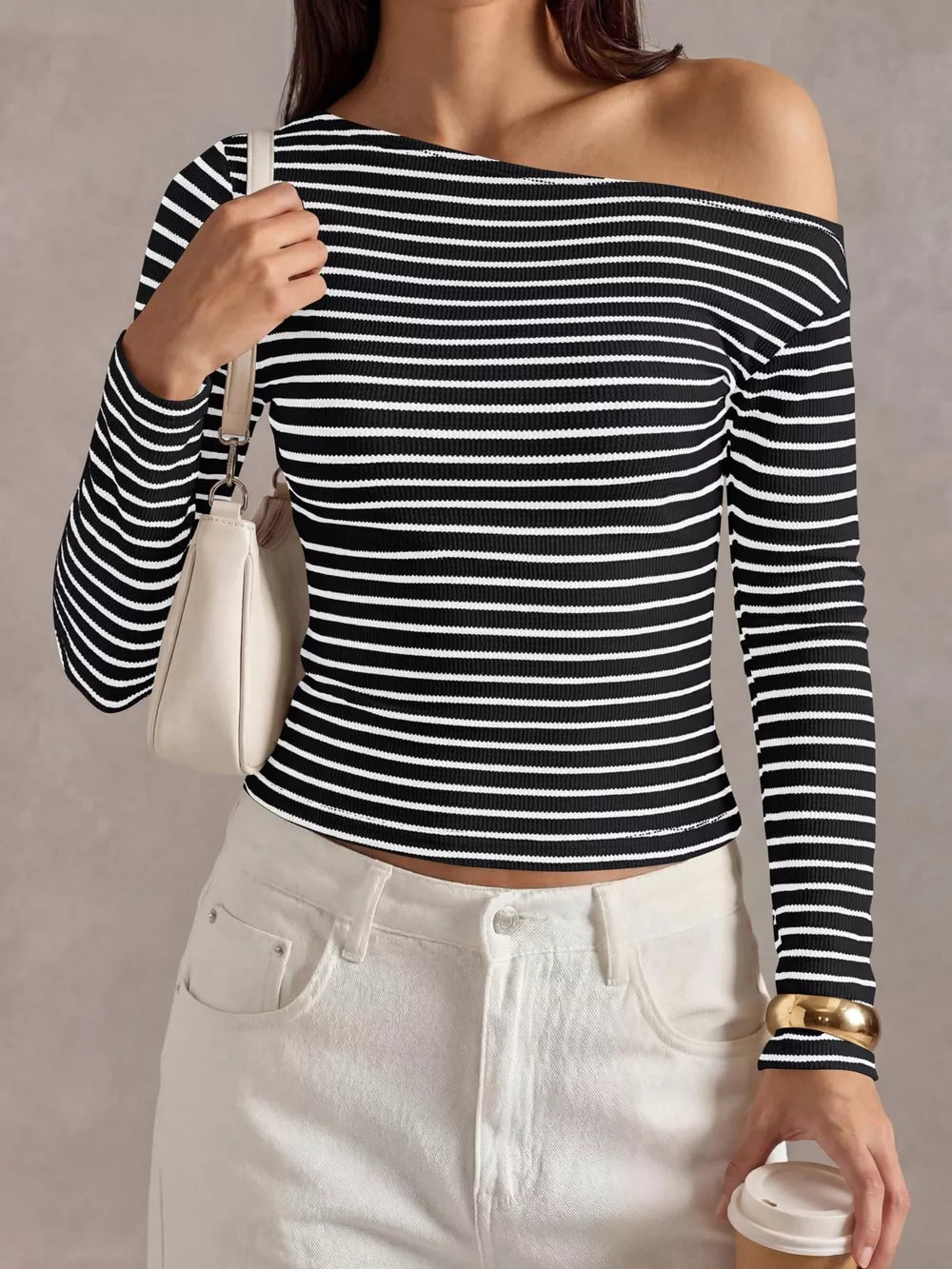 white t-shirt featuring ribbed and striped