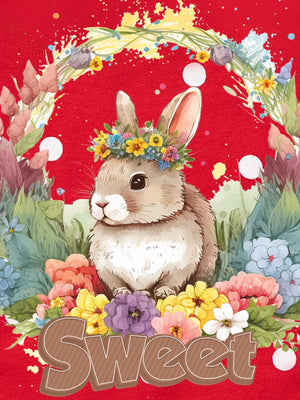 Red cotton crew sweatshirt with a cute bunny wearing a flower crown and the word Sweet.