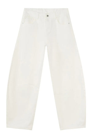 Ivory denim balloon trousers with a high waist and wide leg.
