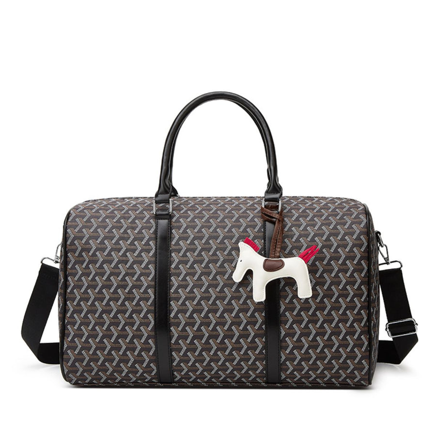 light gray duffle bag featuring top handles and geometric
