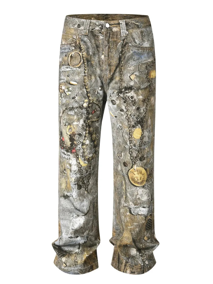 Distressed treasure print wide leg denim jeans in gray with intricate chain and charm patterns.