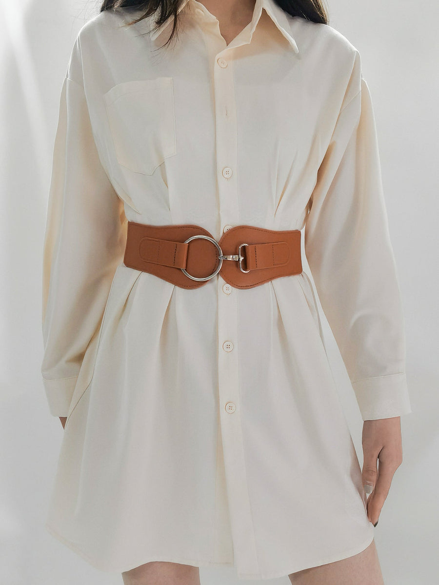 Caramel elastic cincher belt with silver ring buckle detail