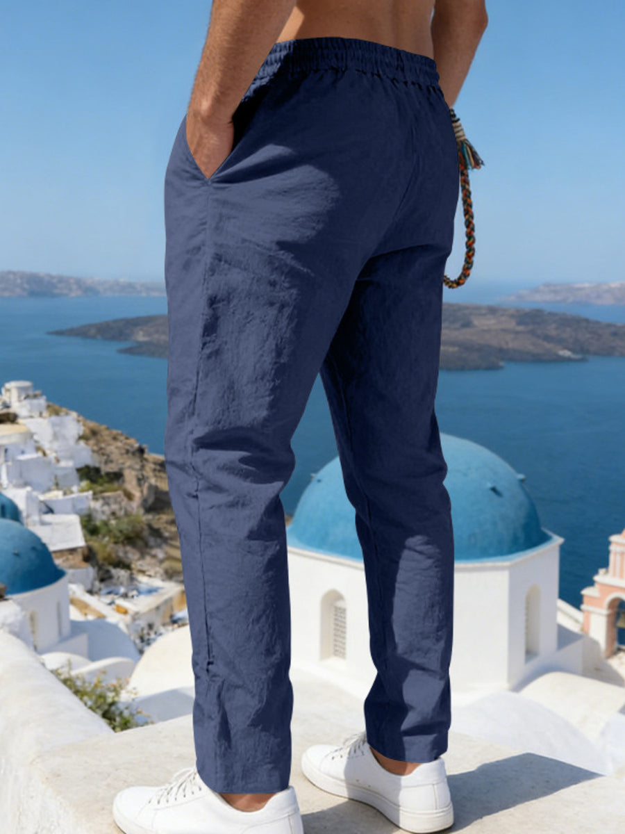 Men's navy linen drawstring pants with pockets