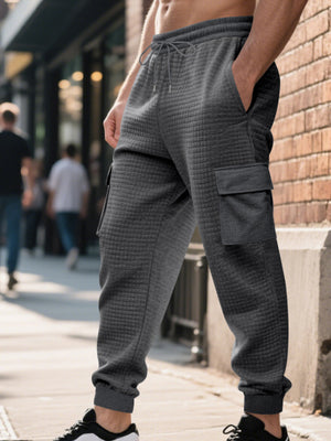 Wine Red Men's Textured Cargo Joggers Plus Size