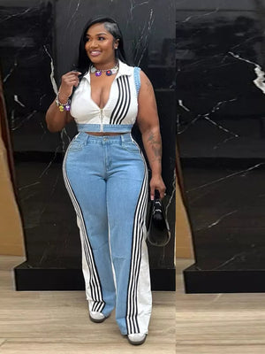 Chic zip-front crop top and wide-leg pants set with side stripes.