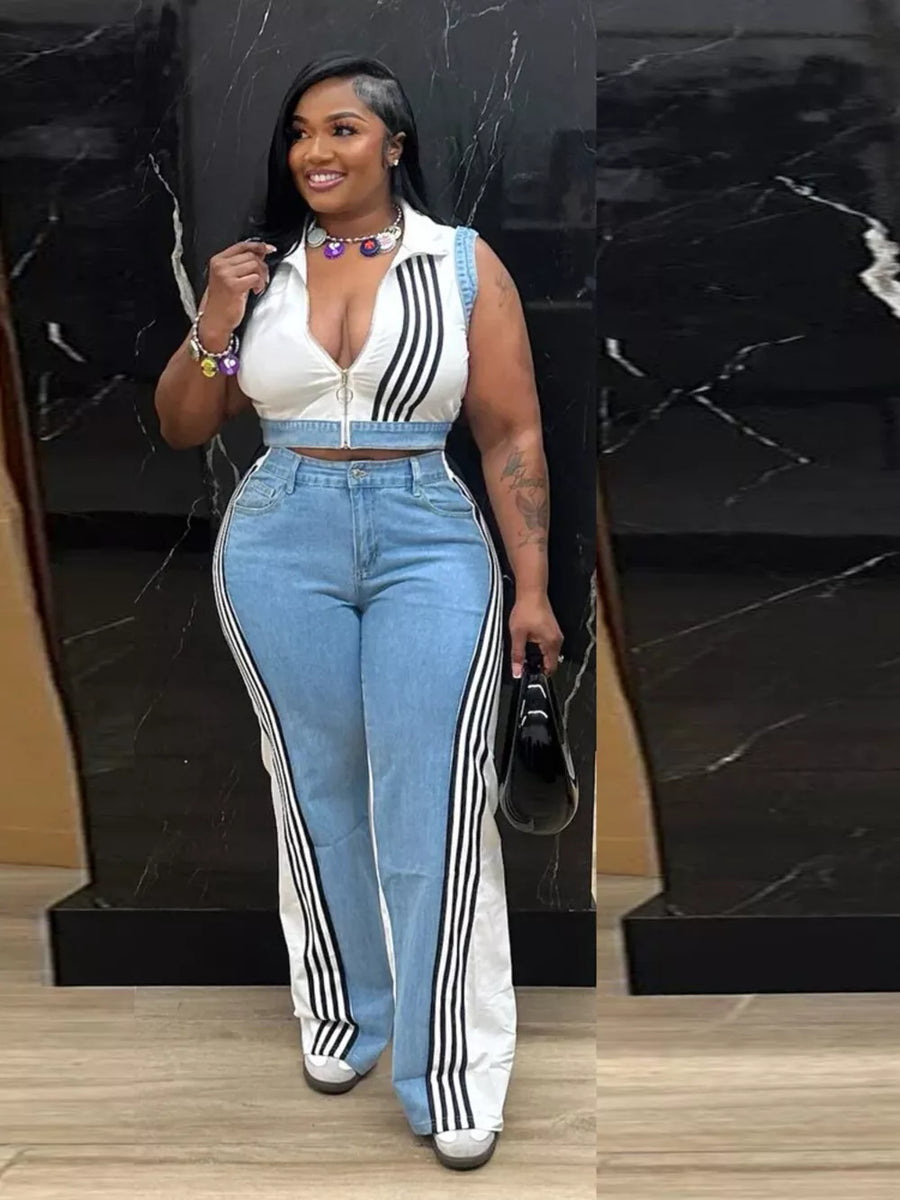 Chic zip-front crop top and wide-leg pants set with side stripes.