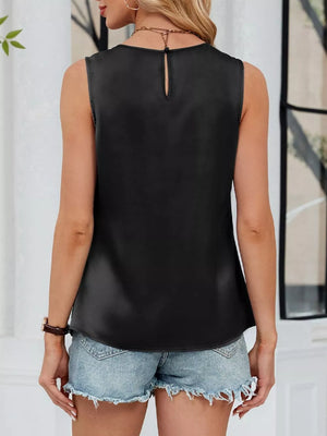 Black pleated round neck sleeveless tank top with keyhole back detail.
