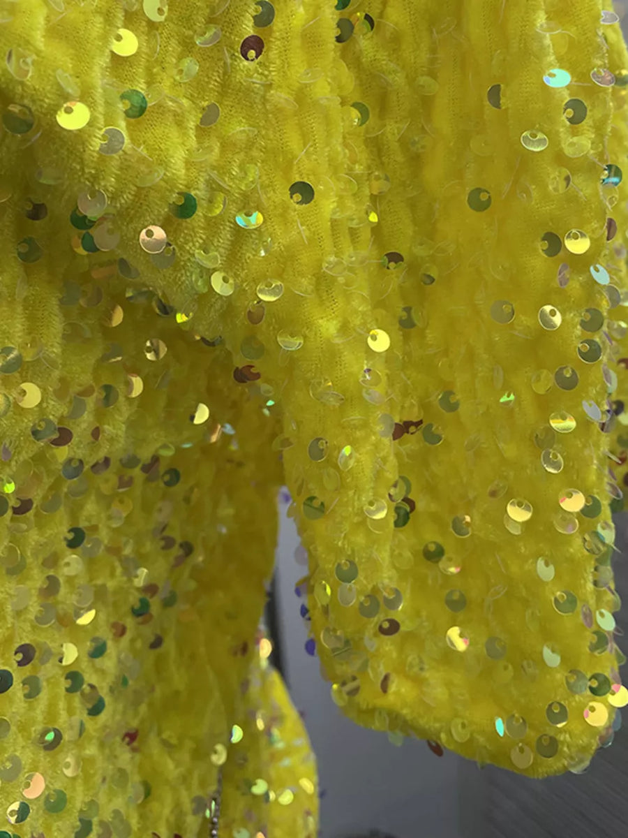 Yellow t-shirt with iridescent sequin embellishments and a crew neck.