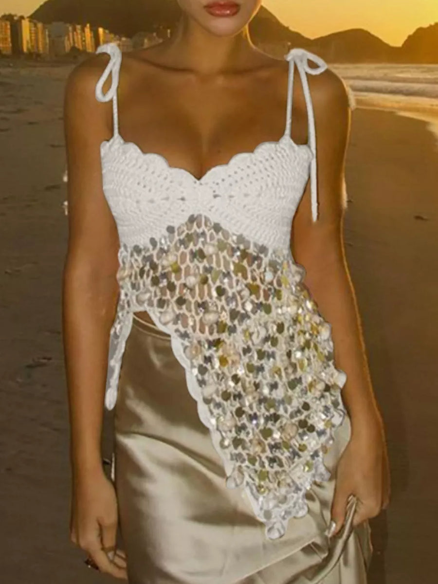 White crochet cami with sequin fringe and tie straps