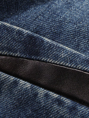 Men's denim blazer with black faux leather trim detail
